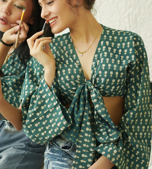 Busy Green Wrap Top